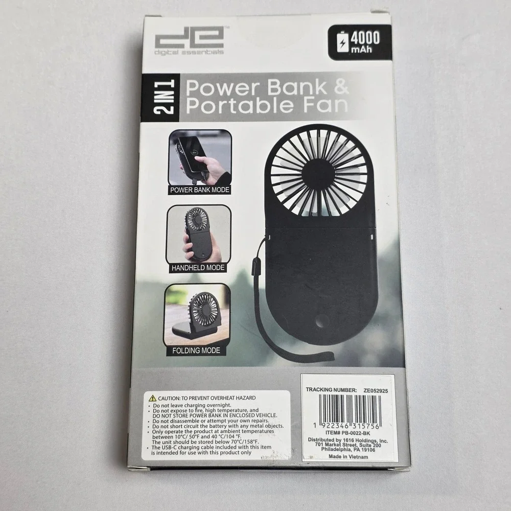 Digital Essentials 2-in-1 Power Bank Portable Fan Black 4000mAh PB-0022-BK